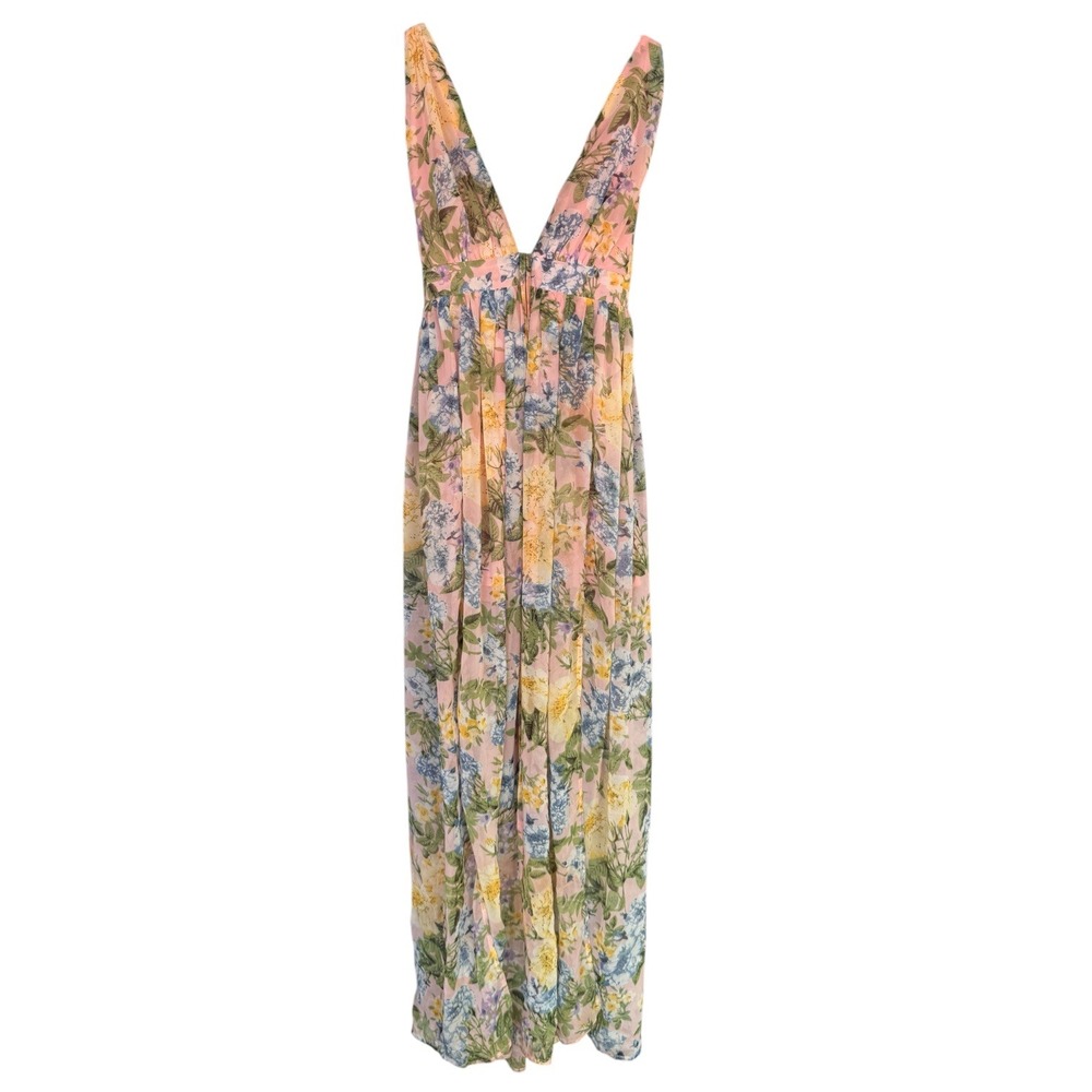 UK2LA Pink Floral Deep V-Neck Empire Waist Maxi flowy Womens Large L Sleeveless